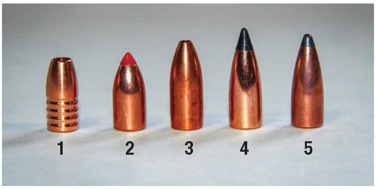 Bullets used to test the 22 Hornet cartridge from the Blaser R8 Ultimate X rifle included: (1) Hammer Bullets 33-grain Shock Hammer, (2) Hornady 35-grain V-MAX, (3) Lehigh Defense 38-grain Controlled Chaos, (4) Nosler 40-grain Tipped Varmageddon and (5) Sierra 45-grain Varminter Spitzer.